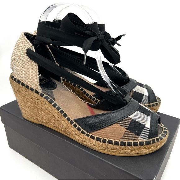 Burberry Espadrille Black Tan Brown Check Logo Tartan Plaid Print Wedge size 40 - Picture 2 of 16